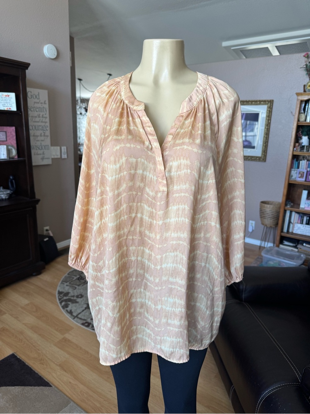 Simply Vera Vera Wang tan & white V-neck peasant blouse tunic-size XXL